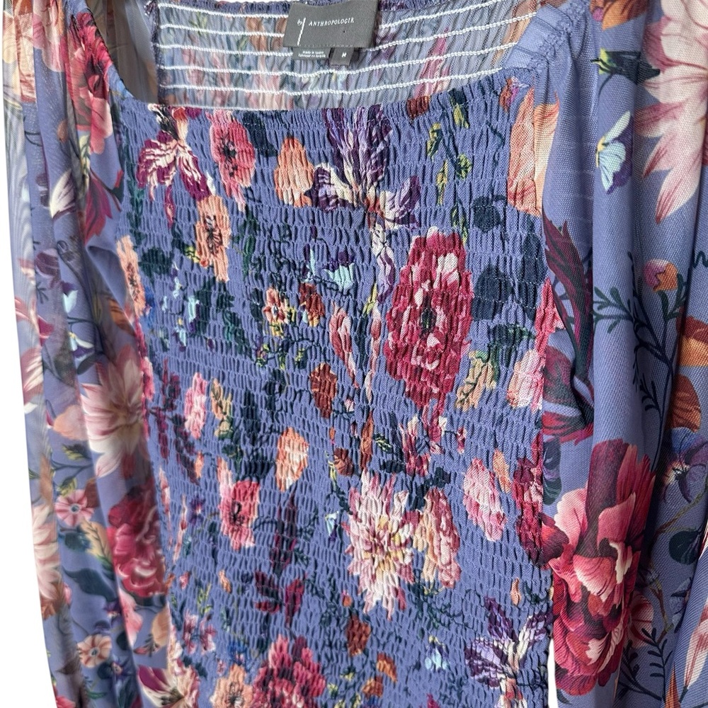 Anthropologie Rouen Smocked Mesh Top Size Medium Purple Floral Cropped - Picture 5 of 13